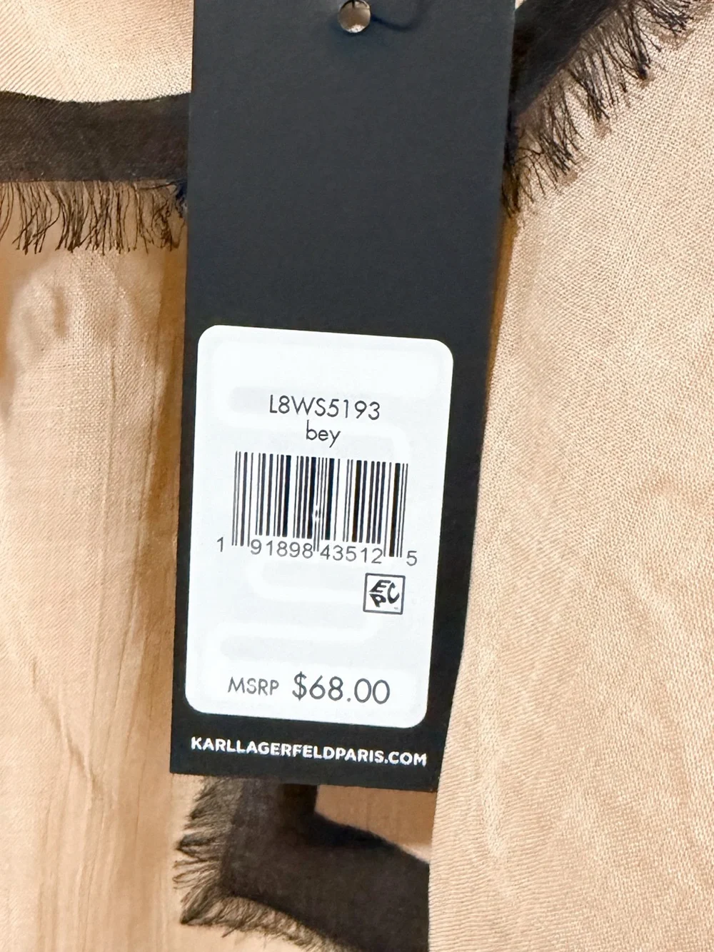 NWT Karl Lagerfeld Paris Logo Print Modal Silk Scarf Wrap Beige Black Barley